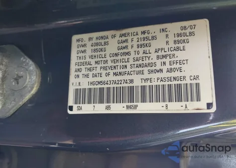 2007 Honda Accord 2.4 Lx from USA, damaged, VIN 1HGCM56437A227438